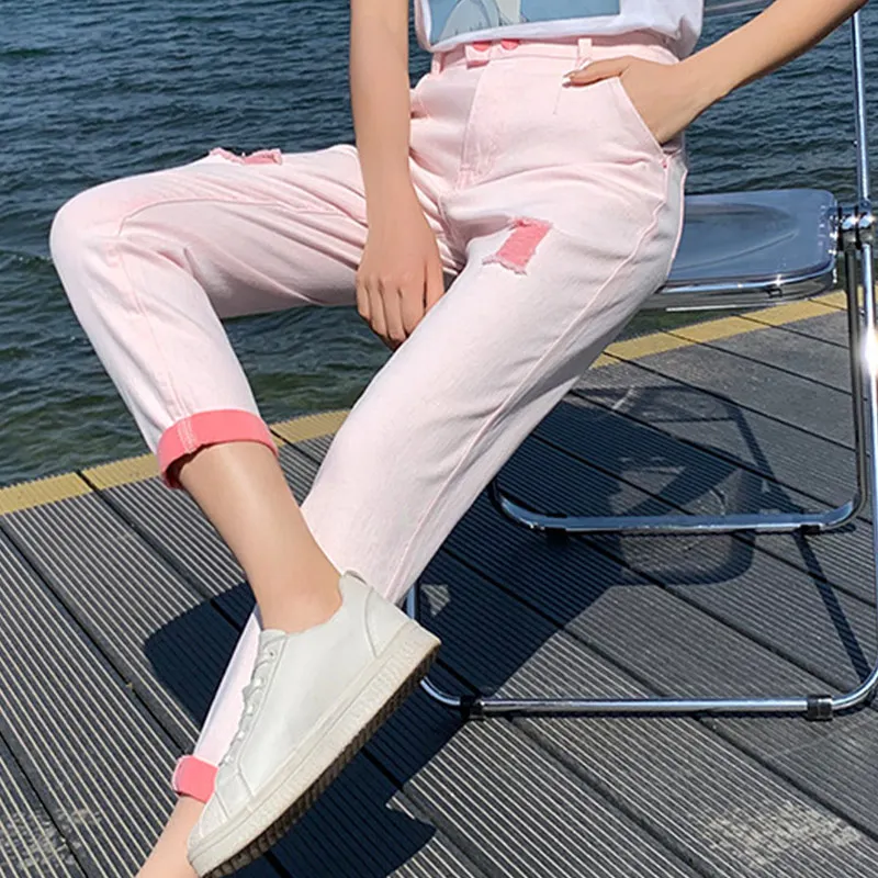 Women's Ripped Jeans Harem Pants Pink Casual High Waist Cotton Elastic Denim Lady Summer Simple Style All-match Jeans Long Pant
Women's Ripped Jeans Harem Pants Pink Casual High Waist Cotton Elastic Denim Lady Summer Simple Style All-match Jeans Long Pant