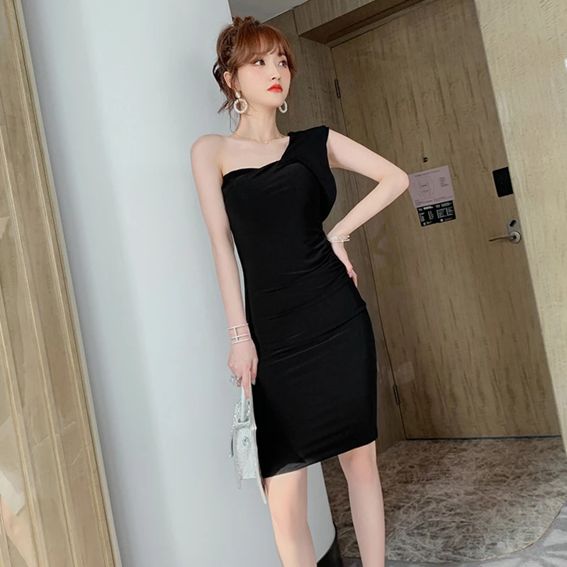 

Модное летнее винтажное платье-миди без рукавов в Корейском стиле для вечевечерние НКИ и клуба женское элегантное кофейное сексуальное облегающее черное платье на одно плечо