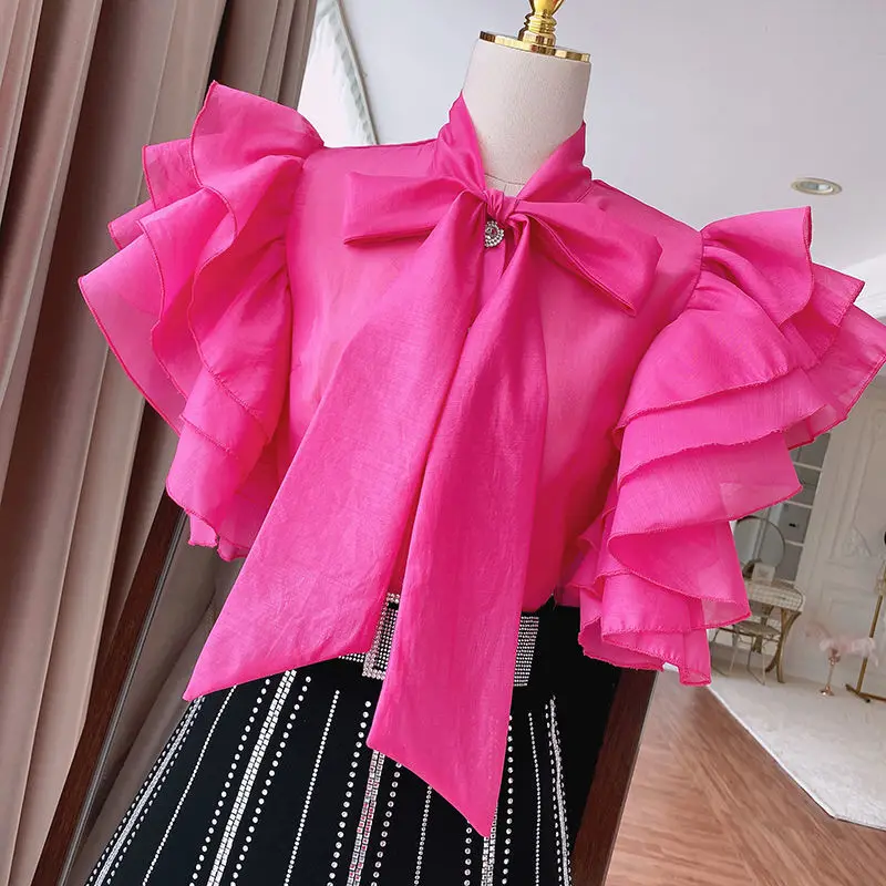 Court Style Ladies Vintage Lace-Up Bow Rhinestone Buttons Organza Shirts Summer Women Layered Ruffles White Blouses Elegant Tops
Court Style Ladies Vintage Lace-Up Bow Rhinestone Buttons Organza Shirts Summer Women Layered Ruffles White Blouses Elegant Tops
