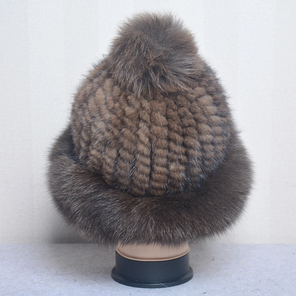 Lady Winter Outdoor Luxury Knitted Real Genuine Fox Fur Balls Hats Women Mink Caps Beanies Hat Skullies | Аксессуары для одежды