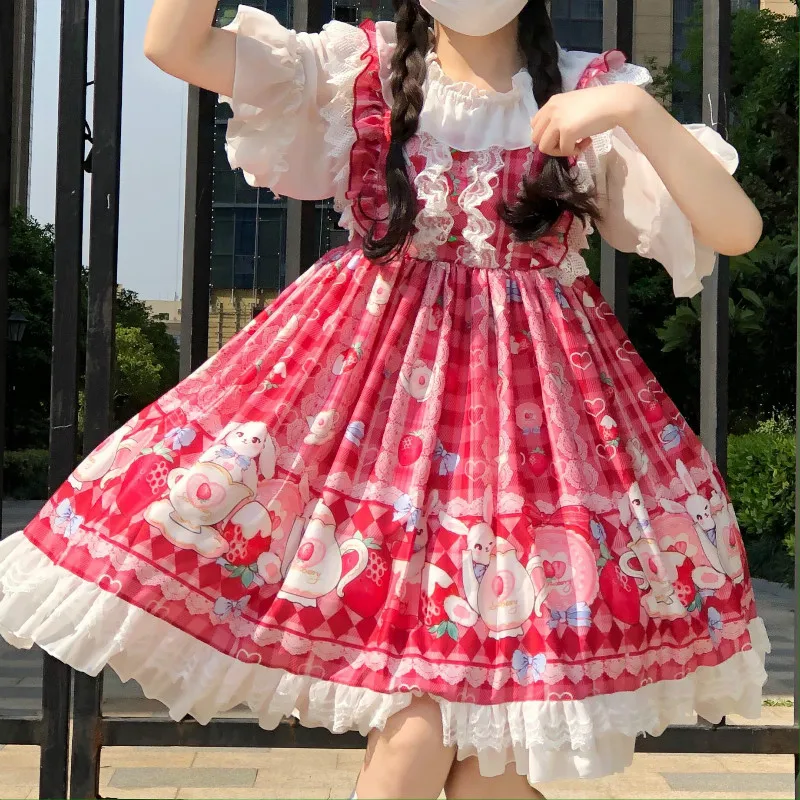 Japanese Kawaii Lolita Cosplay Soft Sister Dress Cute Rabbit Strawberry Sleeveless JSK Dress Ruffles Bow Princess Tutu Dress
Japanese Kawaii Lolita Cosplay Soft Sister Dress Cute Rabbit Strawberry Sleeveless JSK Dress Ruffles Bow Princess Tutu Dress