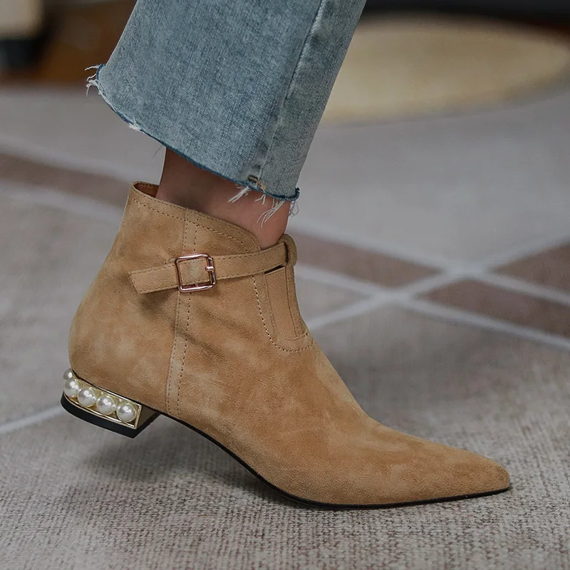 Women's natural suede leather slip-on flats ankle boots beading heel pointed toe metal buckle autumn comfort short booties shoes 
Women's natural suede leather slip-on flats ankle boots beading heel pointed toe metal buckle autumn comfort short booties shoes
