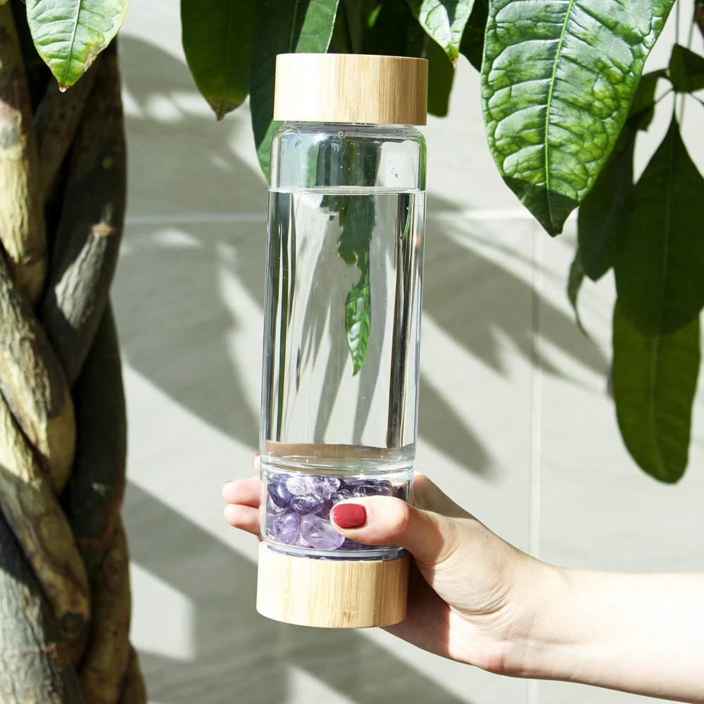 

Drop shipping Natural Crystal Water Bottle Healing Obelisk Elixir Quartz Crystal Energized Healthy Drinking Glass Bamboo water