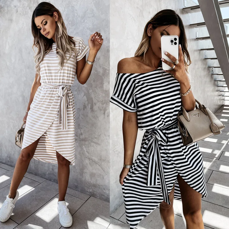 Женское платье с коротким рукавом, Повседневное платье в полоску с асимметричной юбкой в городском стиле, лето 2021 
Женское платье с коротким рукавом, Повседневное платье в полоску с асимметричной юбкой в городском стиле, лето 2021