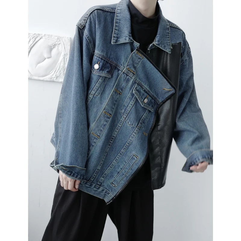 Male Women Streetwear Vintage Fashion Loose Casual Hip Hop Jeans Coat OuterweaMen Asymmetry Leather Splice Denim Jacket
Male Women Streetwear Vintage Fashion Loose Casual Hip Hop Jeans Coat OuterweaMen Asymmetry Leather Splice Denim Jacket