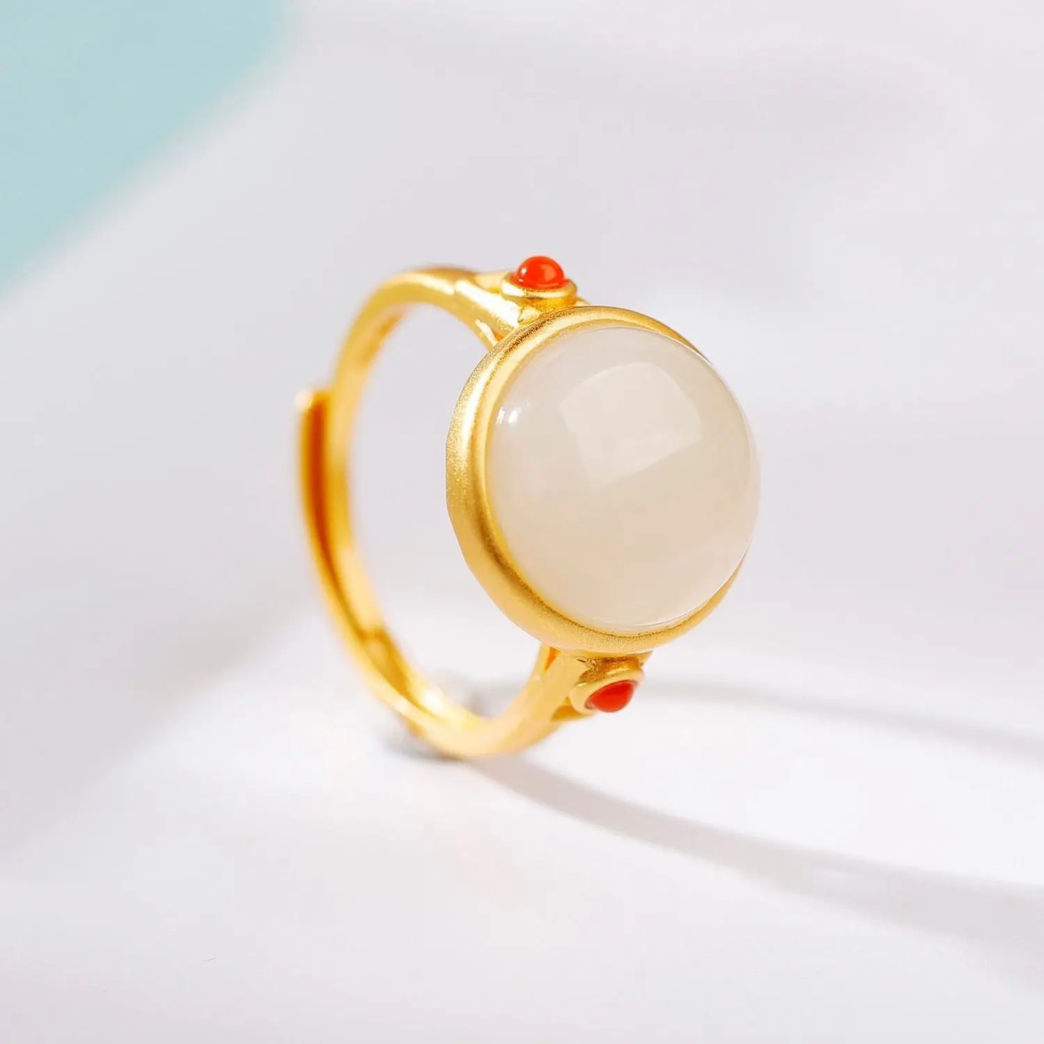 

Natural Hetian Jade Ring S925 Sterling Silver Inlaid White Jade Ruyi Embellished South Red Female Ring Craft Simple Opening