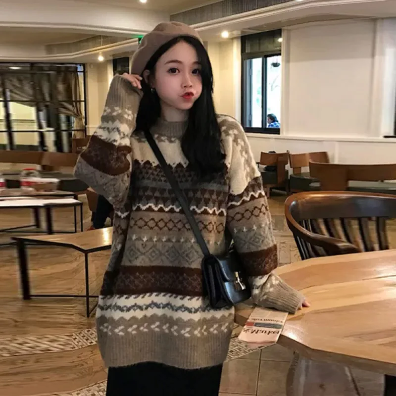 Autumn Winter Outwear Vintage Loose Sweaters Women Korean Harajuku Striped Geometric Patchwork Knitting Female Cool Jumpers 2021
Autumn Winter Outwear Vintage Loose Sweaters Women Korean Harajuku Striped Geometric Patchwork Knitting Female Cool Jumpers 2021