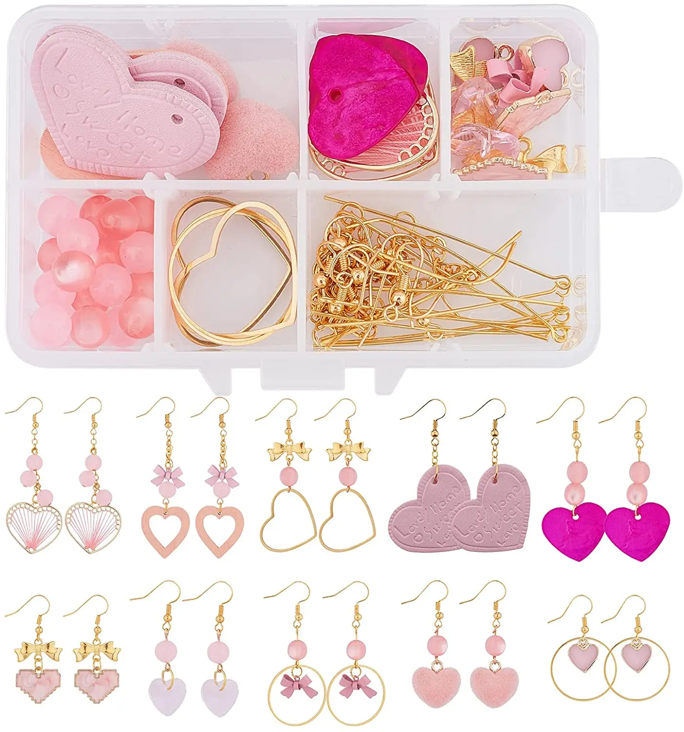 1 box of 10 pairs of pink earrings set assorted heart pendants bows round jade jewelry beads female DIY jewelry making
1 box of 10 pairs of pink earrings set assorted heart pendants bows round jade jewelry beads female DIY jewelry making