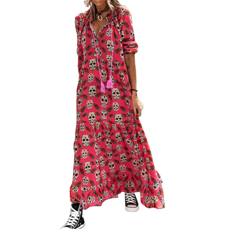 Cross-border foreign trade autumn 2021 European and American fashion skull stand collar loose middle sleeve big skirt long dress
Cross-border foreign trade autumn 2021 European and American fashion skull stand collar loose middle sleeve big skirt long dress