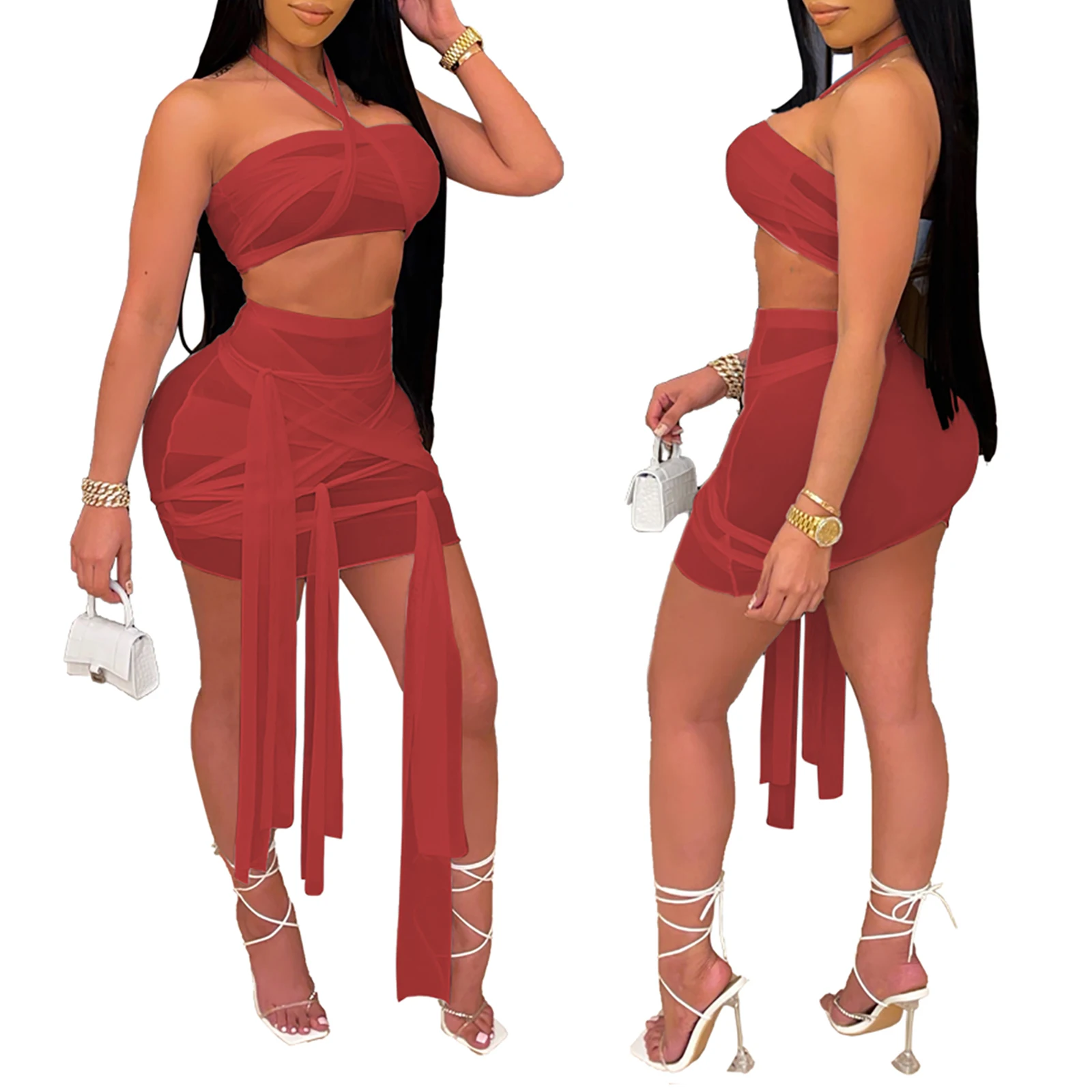 Женский сексуальный костюм-труба, топы и юбка, модные однотонные топы с лямкой через шею и облегающая короткая юбка, накидки, купальники 
Женский сексуальный костюм-труба, топы и юбка, модные однотонные топы с лямкой через шею и облегающая короткая юбка, накидки, купальники