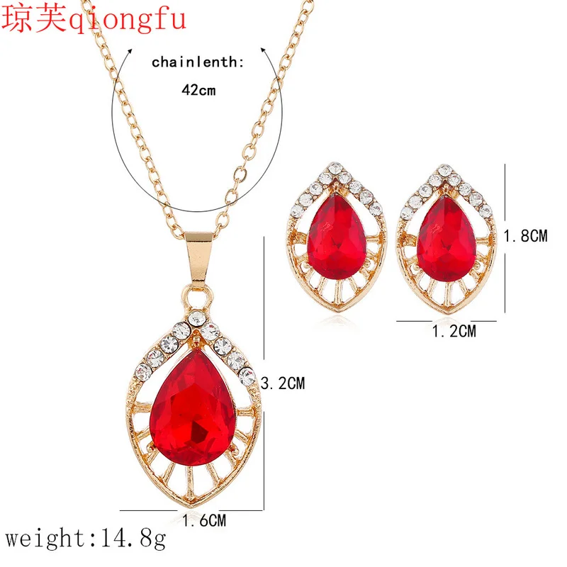 Rose gold drop crystal glass earrings necklace jewelry set European and American bride earrings and neclace zirconia jewelry set