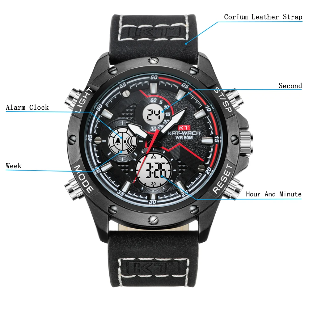 KT Watches Men 2020 Wrist Watch Quartz Sport Leather Gifts Luxury Waterproof Chronograph Analog Digital Mans Black KT1805 | Наручные часы