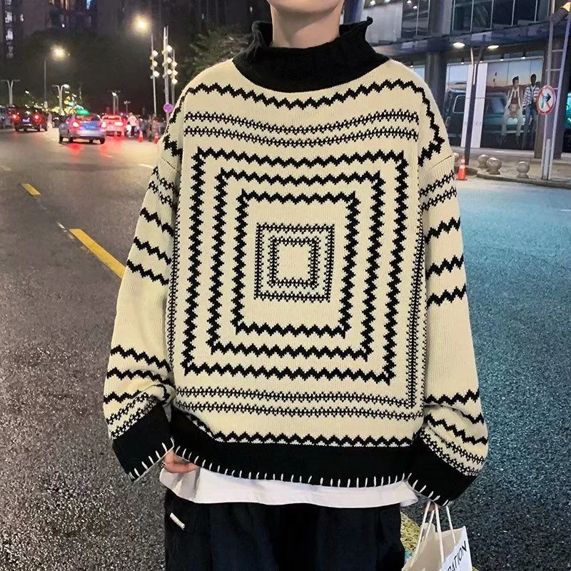 Loose Half Turtleneck Sweater Trend Printed Geometric Knitted Tops Retro Long Sleeve Streetwear Pullover Outer Wear Male Clothes
Loose Half Turtleneck Sweater Trend Printed Geometric Knitted Tops Retro Long Sleeve Streetwear Pullover Outer Wear Male Clothes