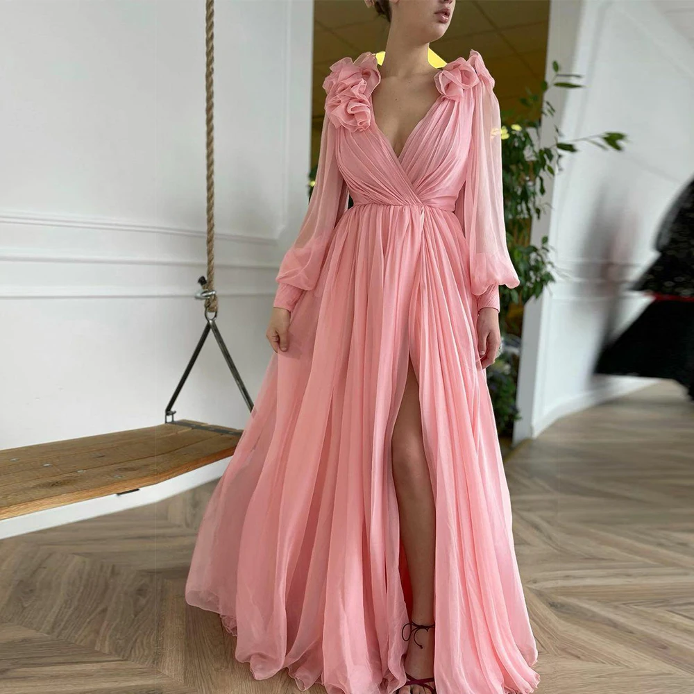 New 2021 Bright Pink Chiffon Prom Dresses Long Puff Sleeves V Neck Slit A Line Evening Gowns With 3 D Handmade Flowers
New 2021 Bright Pink Chiffon Prom Dresses Long Puff Sleeves V Neck Slit A Line Evening Gowns With 3 D Handmade Flowers