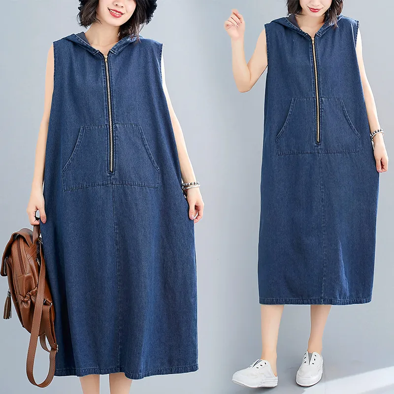 New Summer Women Dresses Plus Size Casual Loose Hooded Pockets Solid Sleeveless Jeans Vest Dress For Females Denim One-Piece
New Summer Women Dresses Plus Size Casual Loose Hooded Pockets Solid Sleeveless Jeans Vest Dress For Females Denim One-Piece