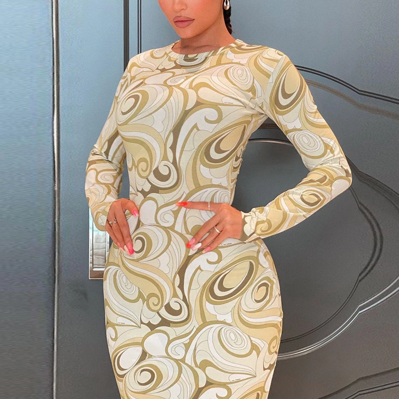 Autumn Women Casual Long Sleeve Dress Ladies Fashion Abstract Printing High Waist Skinny Long Dress 
Autumn Women Casual Long Sleeve Dress Ladies Fashion Abstract Printing High Waist Skinny Long Dress