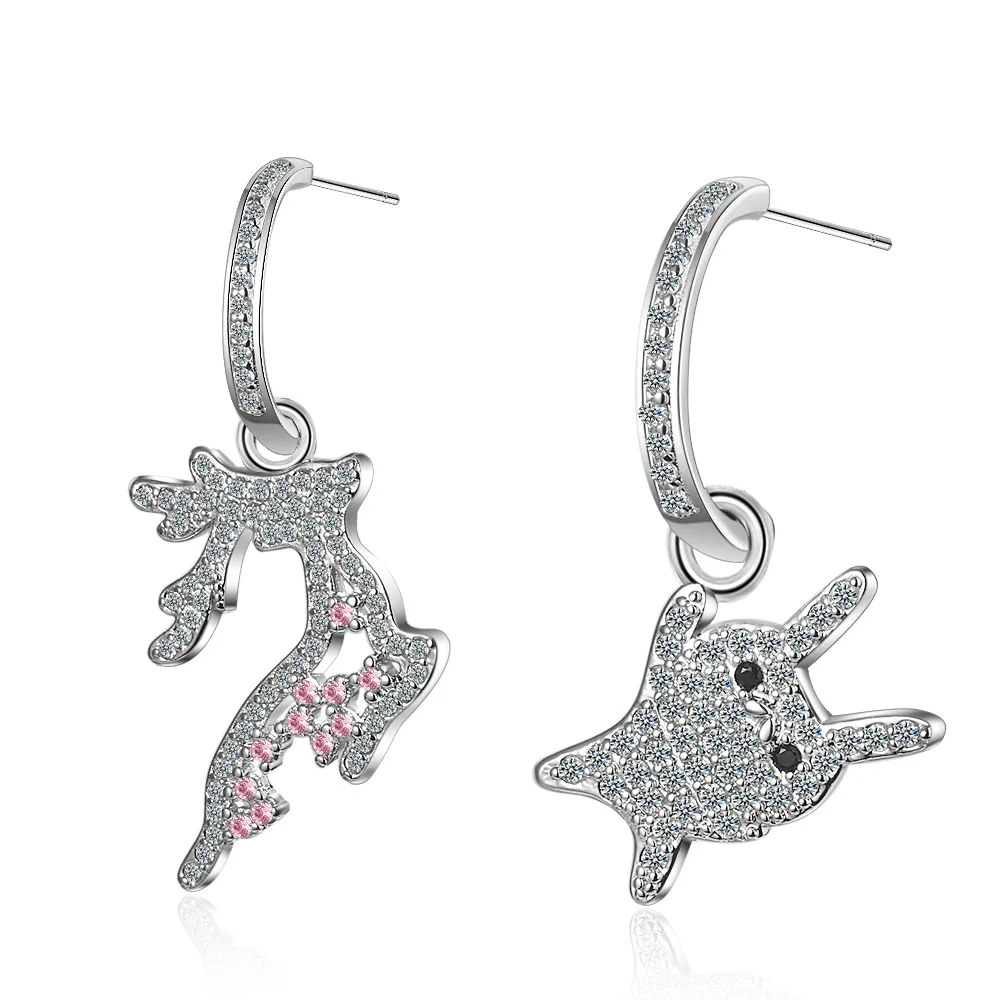

New Women 925 Sterling Silver Tiny Cute Elk Stud Earring Girls Kid Gift Asymmetry Crystal Deer Antlers Earring Fine Jewelry