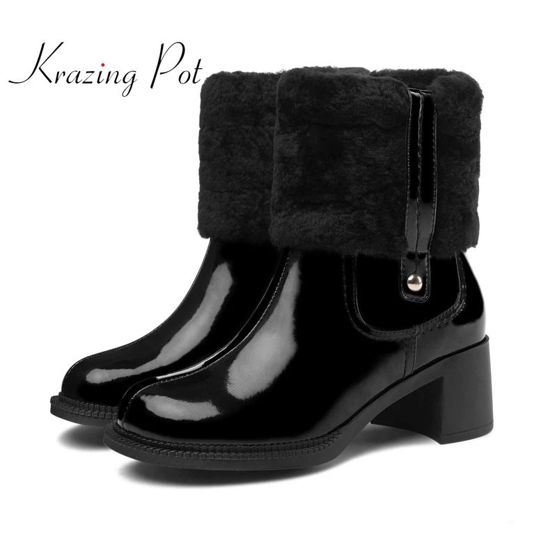 krazing pot cow patent leather round toe high heels wool snow boots winter keep warm high quality European style ankle boots L18
krazing pot cow patent leather round toe high heels wool snow boots winter keep warm high quality European style ankle boots L18