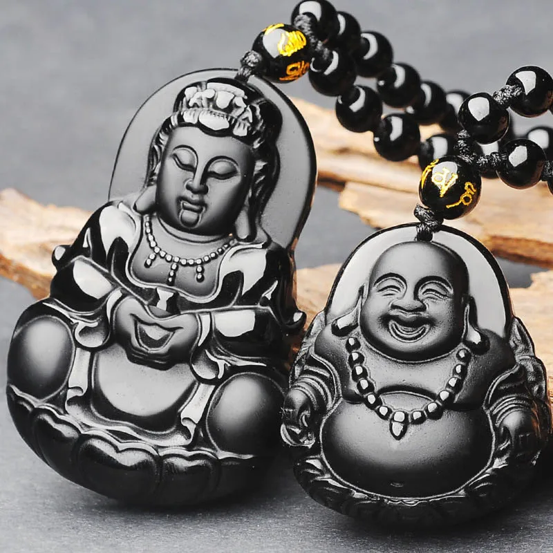 

Drop Shipping Natural Black Obsidian GuanYin Buddha Pendant Necklace Maitreya Necklace Jade Jewelry For Women Men