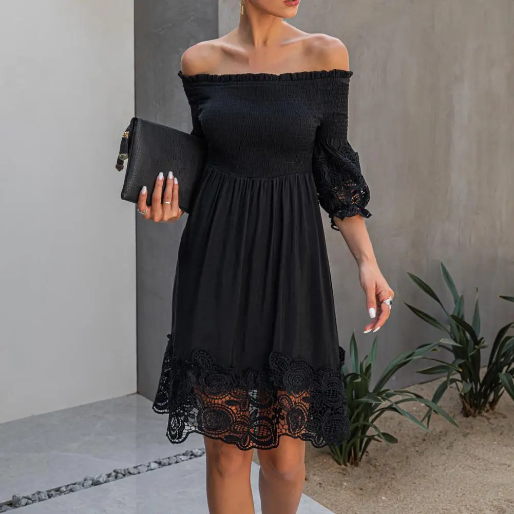 Summer Ladies A-line Dress Sexy Lace Stitching Horizontal Collar Female Sundress Black Color Women Elegant Dresses Party платье 
Summer Ladies A-line Dress Sexy Lace Stitching Horizontal Collar Female Sundress Black Color Women Elegant Dresses Party платье