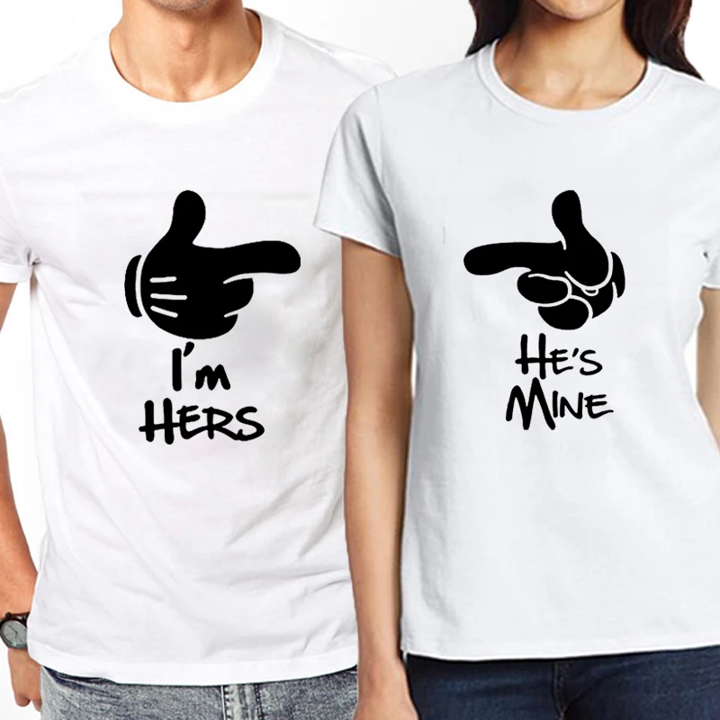 

Fashion Black Tops Student Apparel I'm Hers He Is Mine Top Unisex Lovers T Shirts Harajuku Couple T-shirt Women Men Hipster