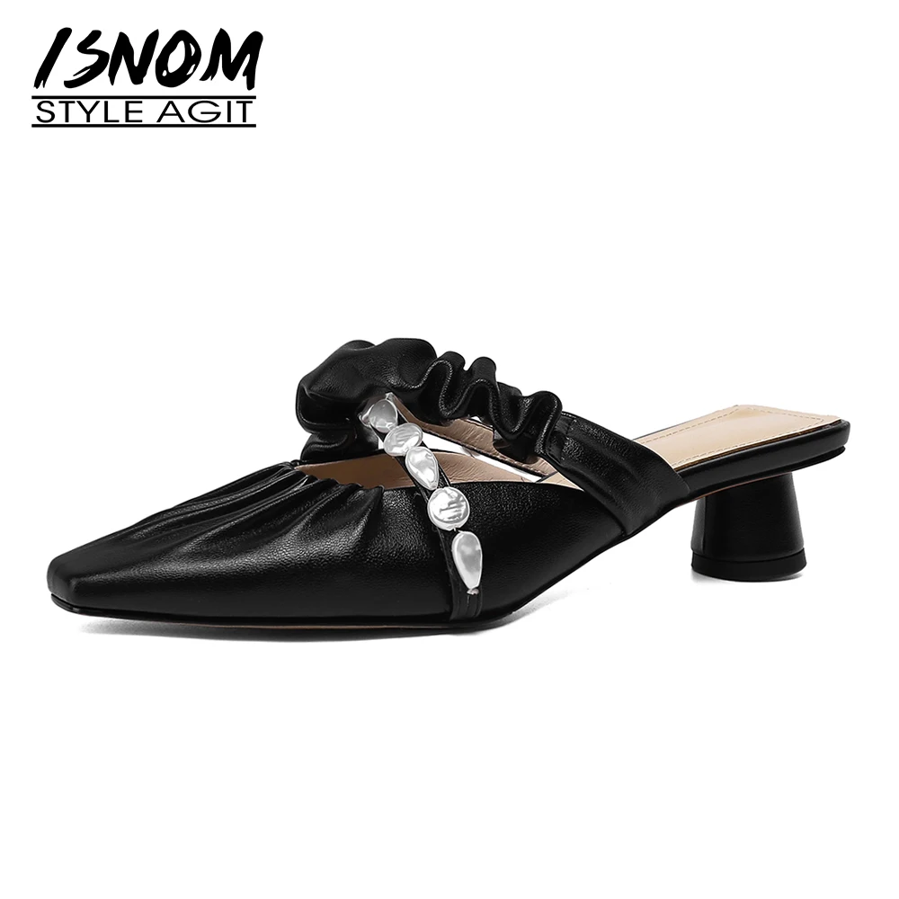 ISNOM 2021 Women Mules Square Toe Genuine Leather Pearl Slides Chunky Heels Slippers Slip On Mules Female Casual Cozy Shoes
ISNOM 2021 Women Mules Square Toe Genuine Leather Pearl Slides Chunky Heels Slippers Slip On Mules Female Casual Cozy Shoes
