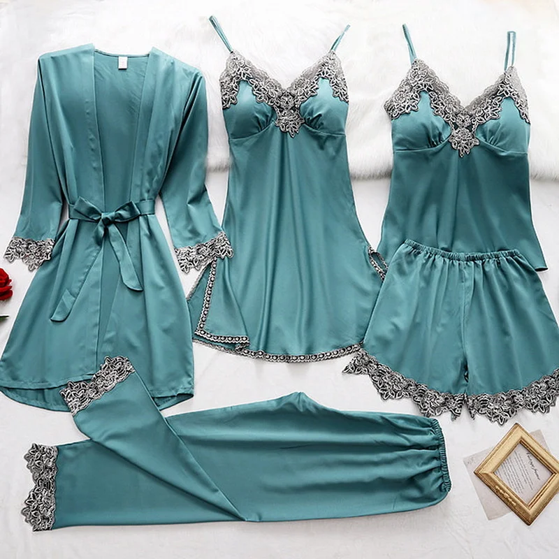New 4 Pieces Women Pajamas Sets Silk Pajamas Sleepwear Sets Sexy Lace Fashion Spring Autumn Homewear
New 4 Pieces Women Pajamas Sets Silk Pajamas Sleepwear Sets Sexy Lace Fashion Spring Autumn Homewear