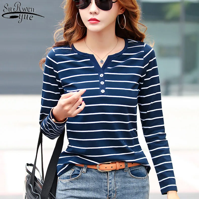 Cotton T-Shirt Women Long Sleeve Striped T Shirt Spring Autumn Female Clothing Fashion Top Tee Lady V-neck Plus Size 7215 50
Cotton T-Shirt Women Long Sleeve Striped T Shirt Spring Autumn Female Clothing Fashion Top Tee Lady V-neck Plus Size 7215 50