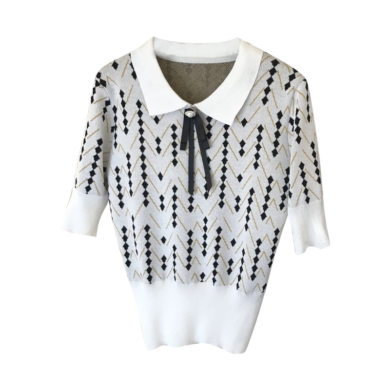 2021 Spring Tops Ins Korean Style All-match Knitwear Retro Geometric Contrast Color Pattern Lapel Short Sleeve Sweater
2021 Spring Tops Ins Korean Style All-match Knitwear Retro Geometric Contrast Color Pattern Lapel Short Sleeve Sweater