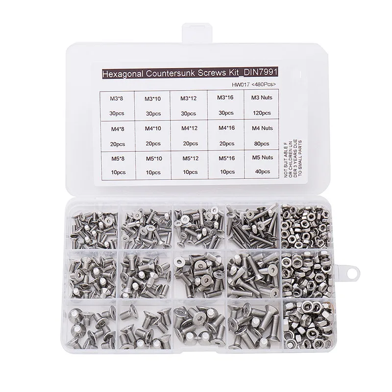 480Pcs/set M3 M4 M5 DIN7991 ISO10642 A2-70 Hexagonal Countersunk Screws Flat Head Screw Hex Socket Bolt Assortment Kit
480Pcs/set M3 M4 M5 DIN7991 ISO10642 A2-70 Hexagonal Countersunk Screws Flat Head Screw Hex Socket Bolt Assortment Kit