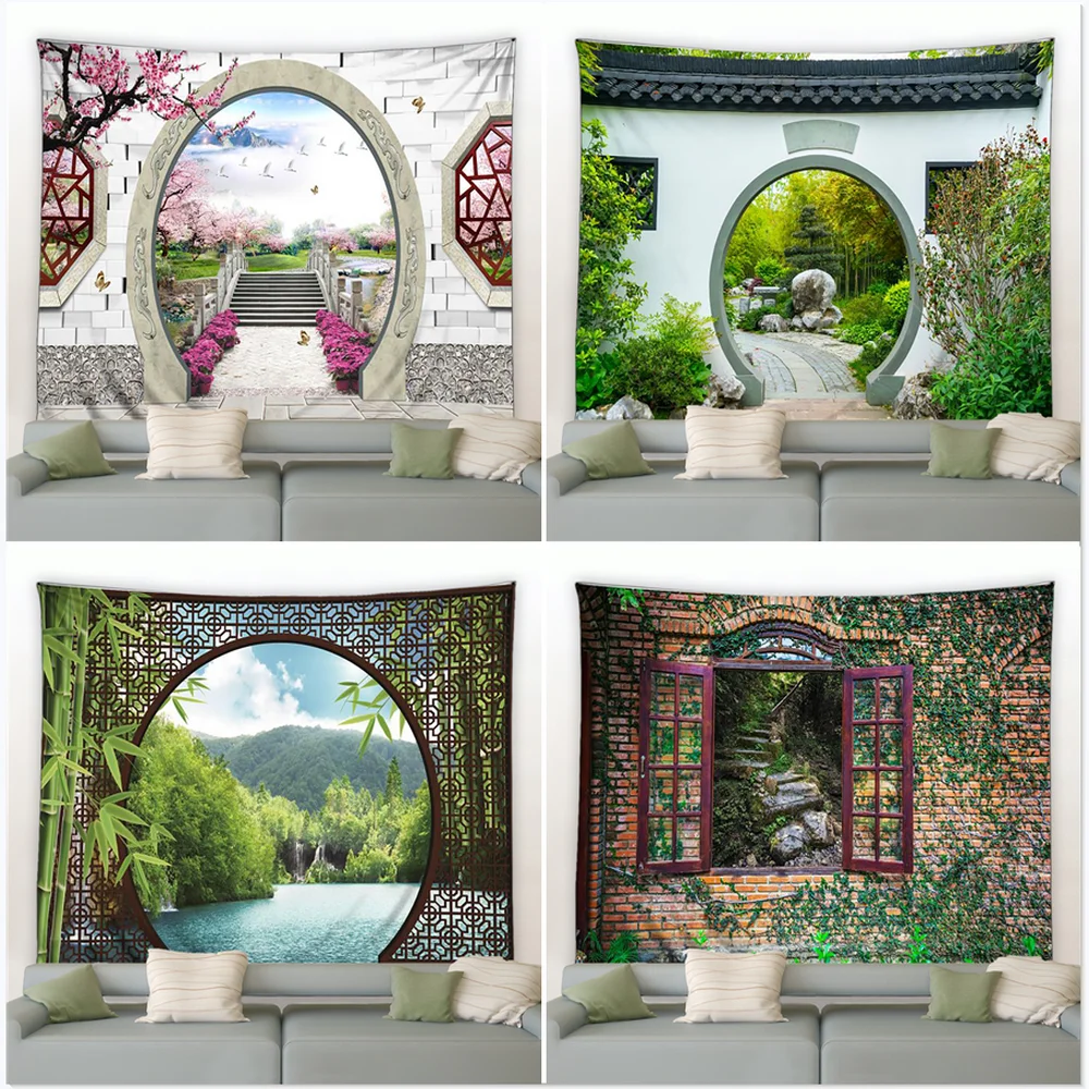 

Chinese Natural Scenery Tapestry Retro Style 3D Arch Door Green Bamboo Wall Hanging Tapestries Modern Background Decor Blanket