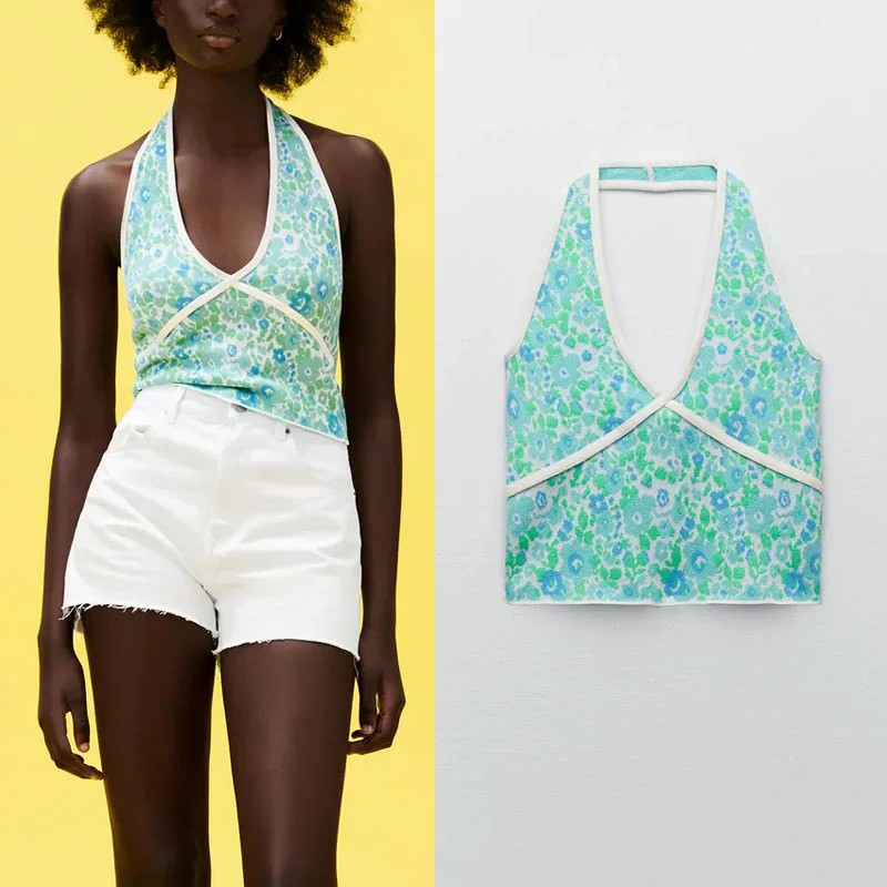 Женский трикотажный топ без рукавов Za, голубой цветочный топ с бретелькой через шею и пуговицами сзади, сексуальный клубный топ на лето 2021 
Женский трикотажный топ без рукавов Za, голубой цветочный топ с бретелькой через шею и пуговицами сзади, сексуальный клубный топ на лето 2021