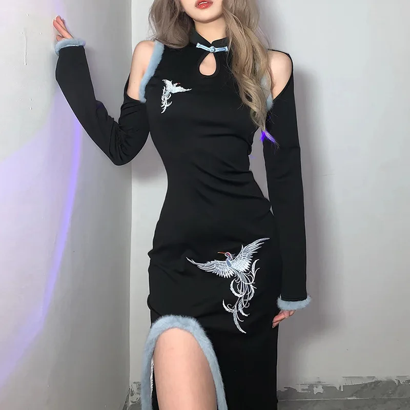 

AIIOU Dresses for Women Slit Cheongsam Embroidery Phoenix Hollow Cutout Fur Slim Long Dresses Asymmetrical Vestido De Mujer