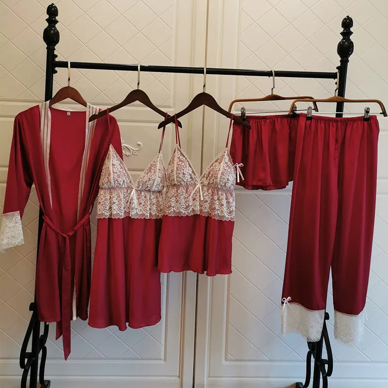 Sexy Home Clothes Female 5PCS Pajamas Set Satin Sleepwear Spring Autumn New Nightwear Soft Lace Kimono Bathrobe Gown Sleep Suit
Sexy Home Clothes Female 5PCS Pajamas Set Satin Sleepwear Spring Autumn New Nightwear Soft Lace Kimono Bathrobe Gown Sleep Suit