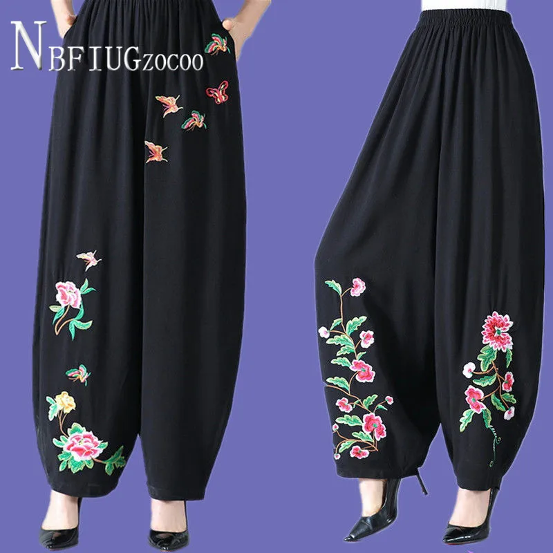New Middle-aged Ethnic High Waist Women Pants Cotton Linen Casual Embroidery Flower Wide Leg Female Trousers
New Middle-aged Ethnic High Waist Women Pants Cotton Linen Casual Embroidery Flower Wide Leg Female Trousers