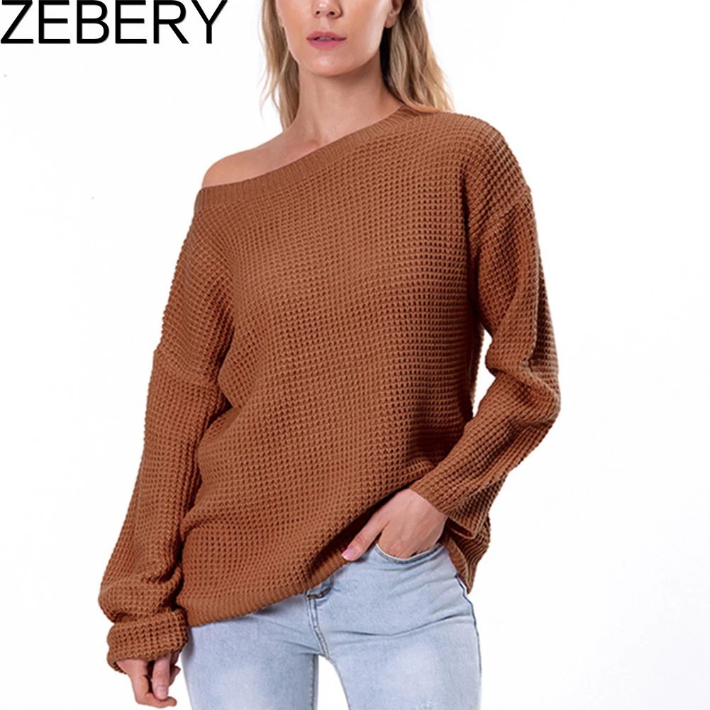 

ZEBERY 2021 женская зимняя одежда осень зима воротник-лодочка одно плечо свободный свитер и пуловер оверсайз трикотаж