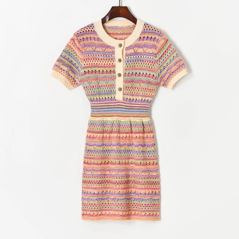 Женское трикотажное мини-платье, разноцветное ажурное облегающее платье-свитер с коротким рукавом и круглым вырезом, A422, лето 2021
Женское трикотажное мини-платье, разноцветное ажурное облегающее платье-свитер с коротким рукавом и круглым вырезом, A422, лето 2021