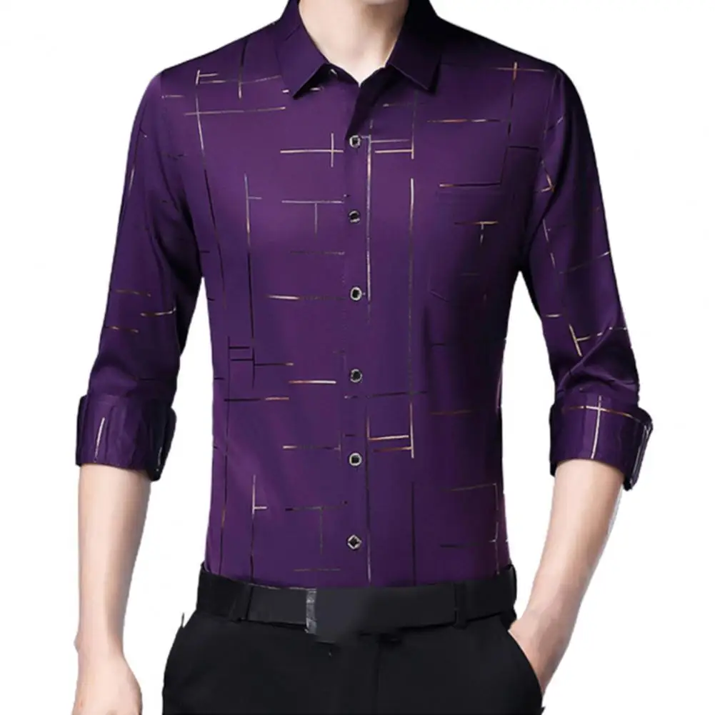 

Men Dress Shirt Irregular Stripes Satin Surface Casual Single-breasted Turndown Collar Long Sleeve Shirt for Business xxxl