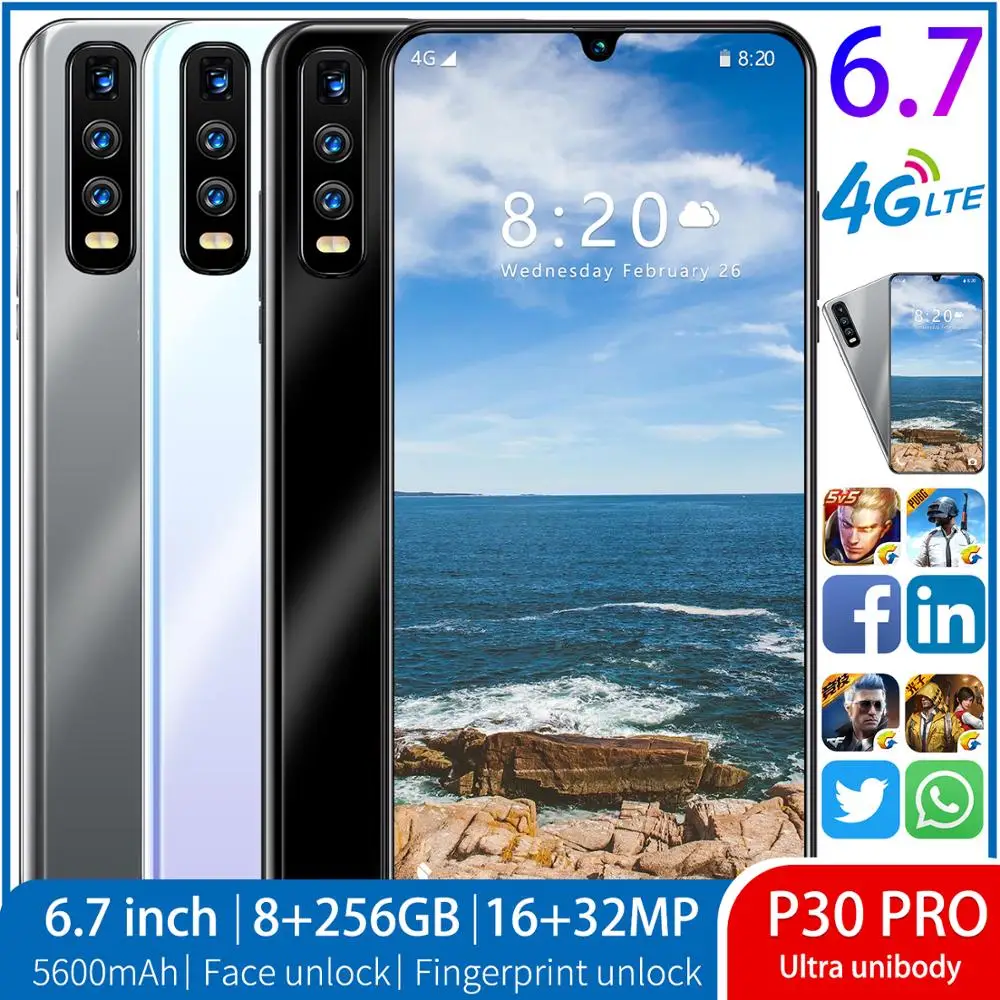 Hot Sell P30 Pro 6.7 Inch Smartphone Android 10 Ten Core Android 5600mAh Cellphone Face ID 8GB+128GB Screen Triple Camera Phone
Hot Sell P30 Pro 6.7 Inch Smartphone Android 10 Ten Core Android 5600mAh Cellphone Face ID 8GB+128GB Screen Triple Camera Phone
