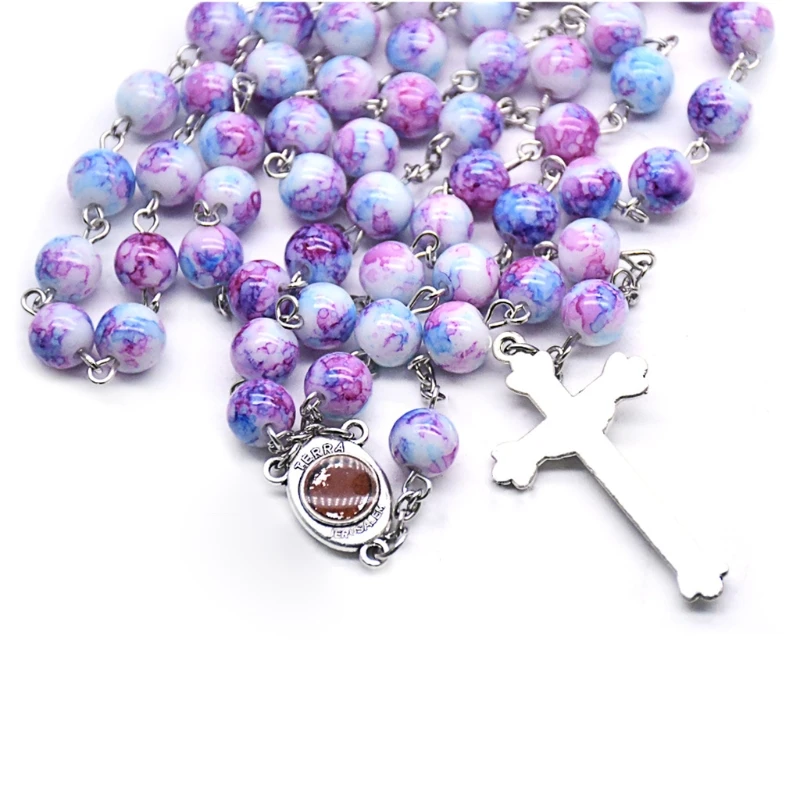 

Handmade Rosary Necklace with Holy Virgin Cross Jesus Crucifix Prayer Beads Catholic Religious Ornament Christian Prayer