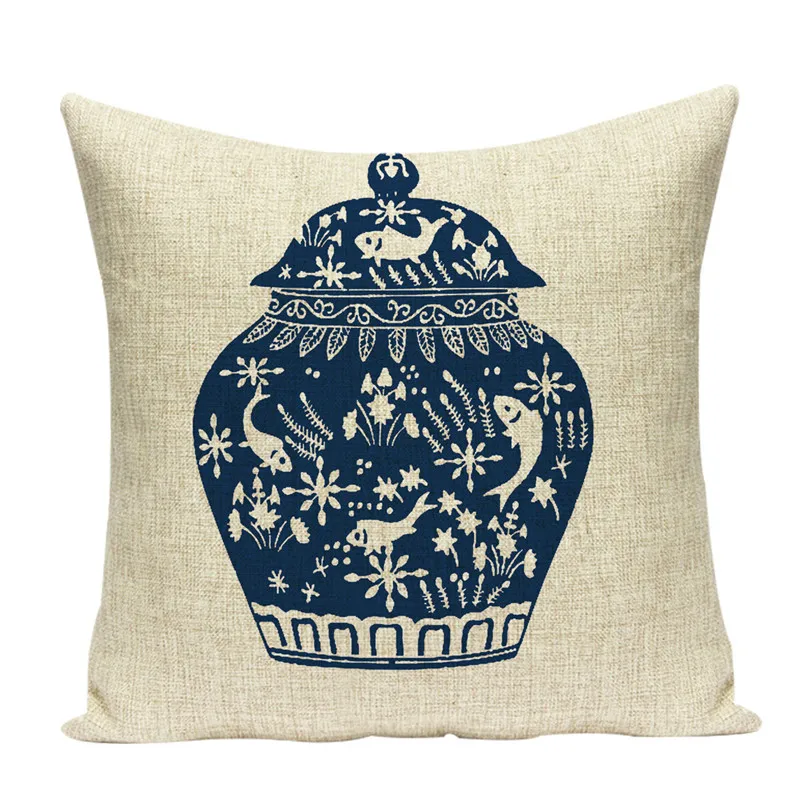 Geometry Pattern Linen Pillow Cover Blue and White Porcelain Decorative Cushion Cover Home Decor 45x45cm