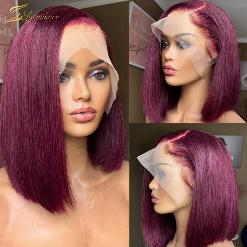 

Red Burgundy 99j Straight 13x4 Lace Front Human Hair Wig For Women Colored Short Bob Pixie Wig Cut HD Lace Frontal Wig Brazilian