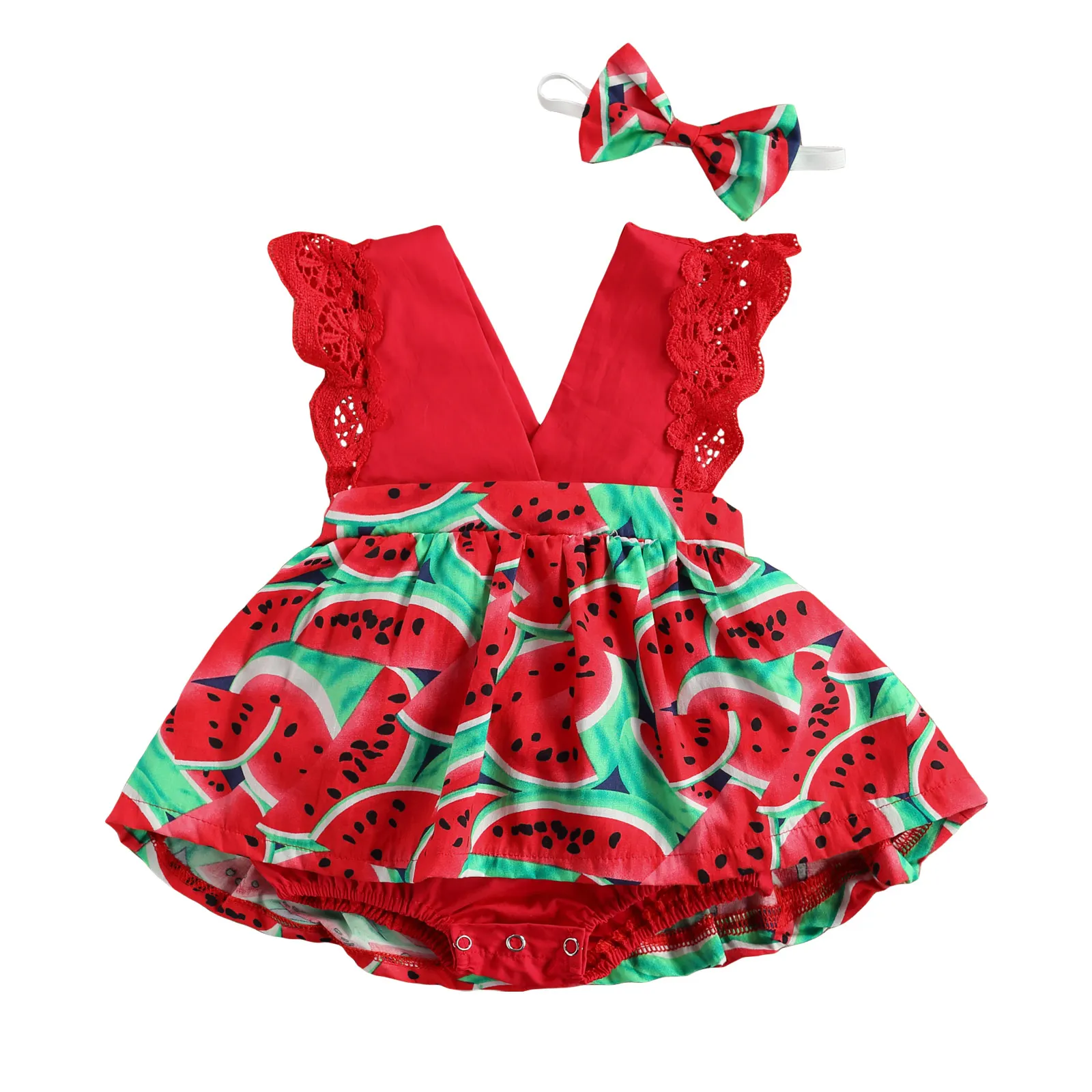 Baby Watermelon Print Clothes Set, Girls Sleeveless Deep V-neck Short Jumpsuit + Bow-knot Headband
Baby Watermelon Print Clothes Set, Girls Sleeveless Deep V-neck Short Jumpsuit + Bow-knot Headband