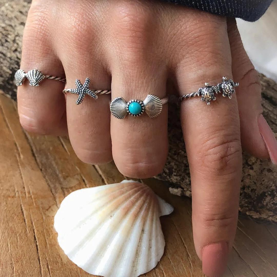 4pcs/set Bohemia Beach Starfish Shell Sea Turtle Rings Set For Women Vintage Antique Silver Color Knuckle Finger Rings Jewelry
4pcs/set Bohemia Beach Starfish Shell Sea Turtle Rings Set For Women Vintage Antique Silver Color Knuckle Finger Rings Jewelry