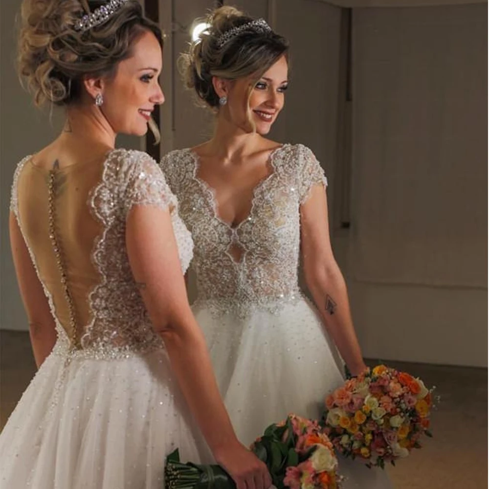 Elegant A-Line Wedding Dress Crystal Appliques V Neck Capsleeve Plus Size vestidos de novia Custom Bride
Elegant A-Line Wedding Dress Crystal Appliques V Neck Capsleeve Plus Size vestidos de novia Custom Bride