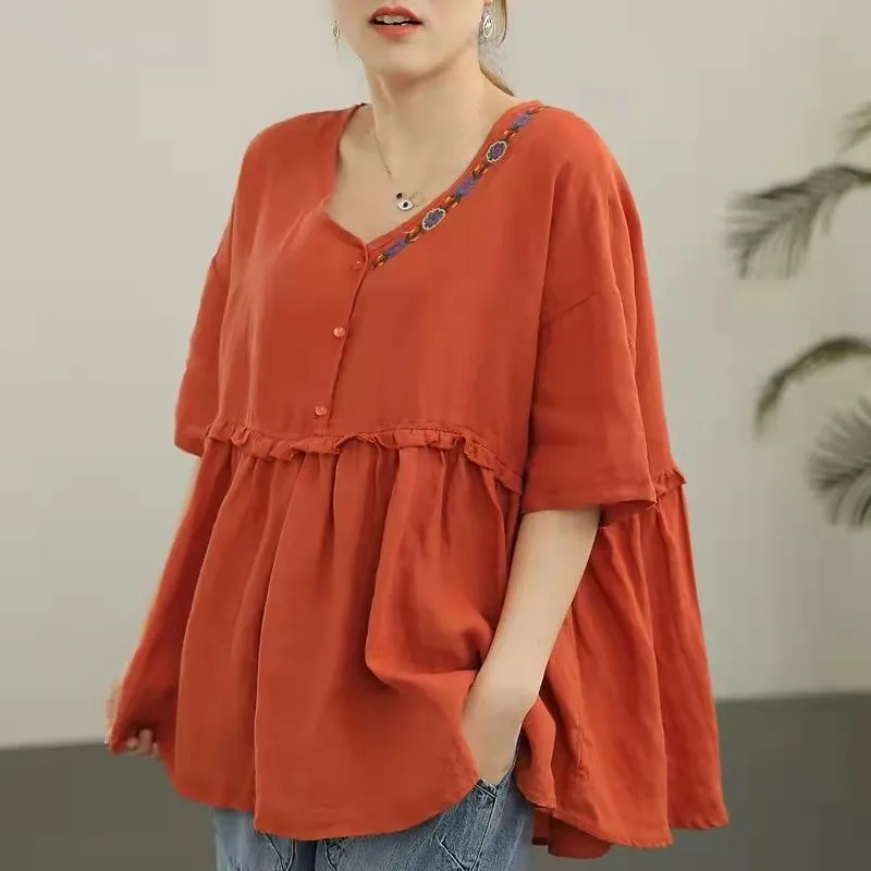 2021 New Arrival Summer Women Loose Short Sleeve O-neck Embroidery Blouse Cotton Linen Patchwork Casual Shirts B562
2021 New Arrival Summer Women Loose Short Sleeve O-neck Embroidery Blouse Cotton Linen Patchwork Casual Shirts B562