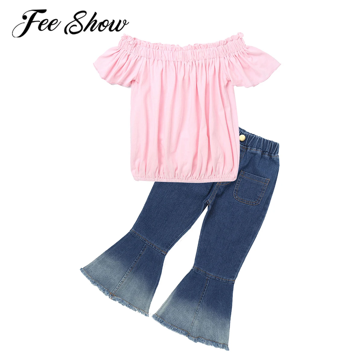 Toddler Kids Girls Summer Outfits Fashion One Word Collar Short Sleeve T-shirt Tops Jeans Flare Pants 2Pcs Baby Girl Clothes Set
Toddler Kids Girls Summer Outfits Fashion One Word Collar Short Sleeve T-shirt Tops Jeans Flare Pants 2Pcs Baby Girl Clothes Set