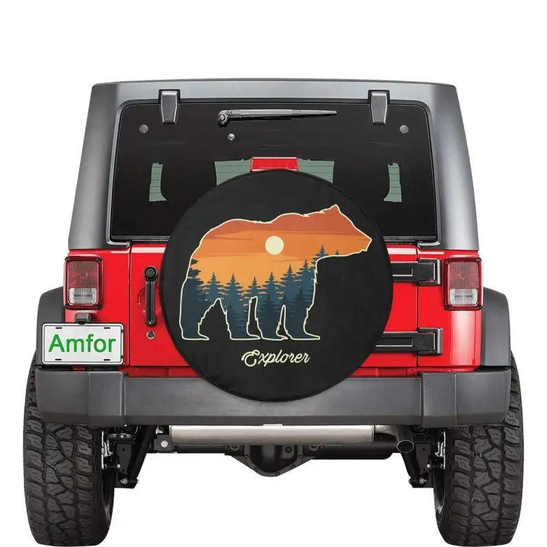 

Bear Sunset Jeep Tire Cover, Spare Wheel Cover Pine Trees Mountains Custom Unique Design RV Back Tire Adventurous Gift