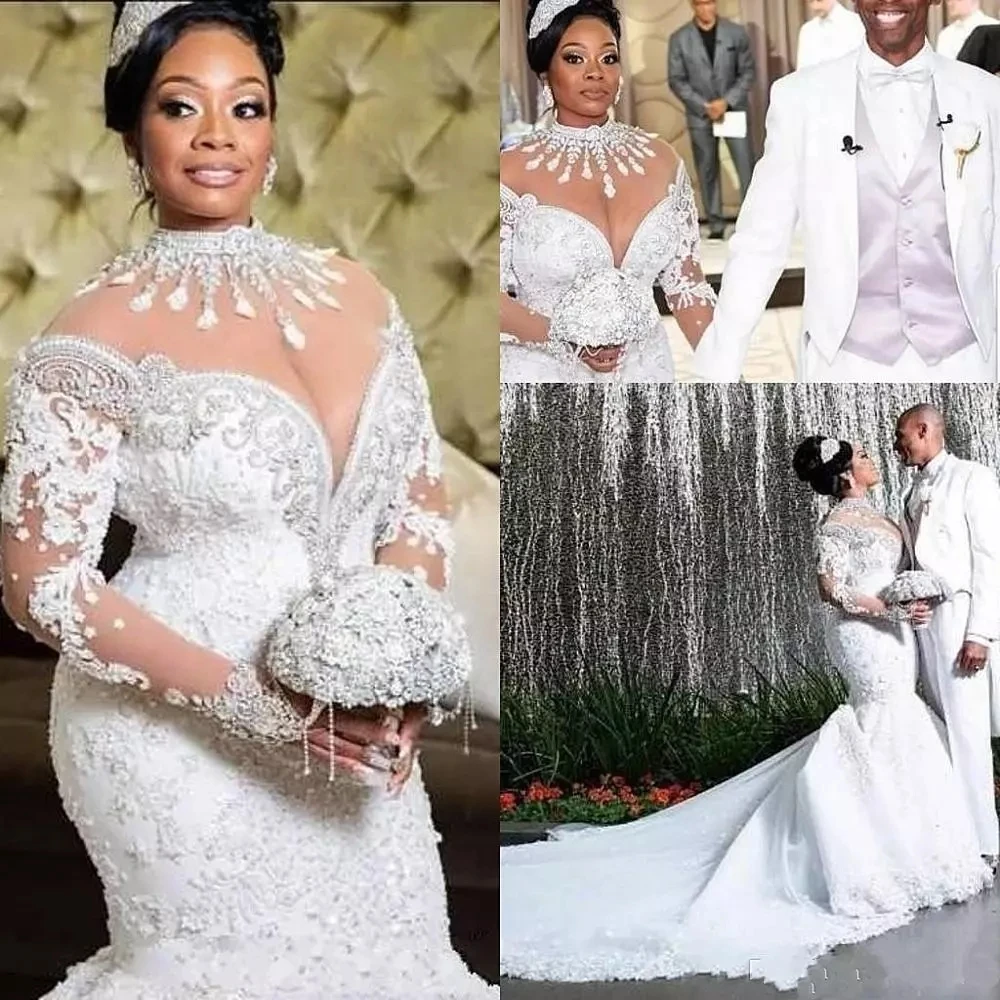 African Crystals Mermaid Wedding Dress For Women Long Sleeves High Neck Illusion Plus Size Trumpet Bridal Gowns Vestidos
African Crystals Mermaid Wedding Dress For Women Long Sleeves High Neck Illusion Plus Size Trumpet Bridal Gowns Vestidos