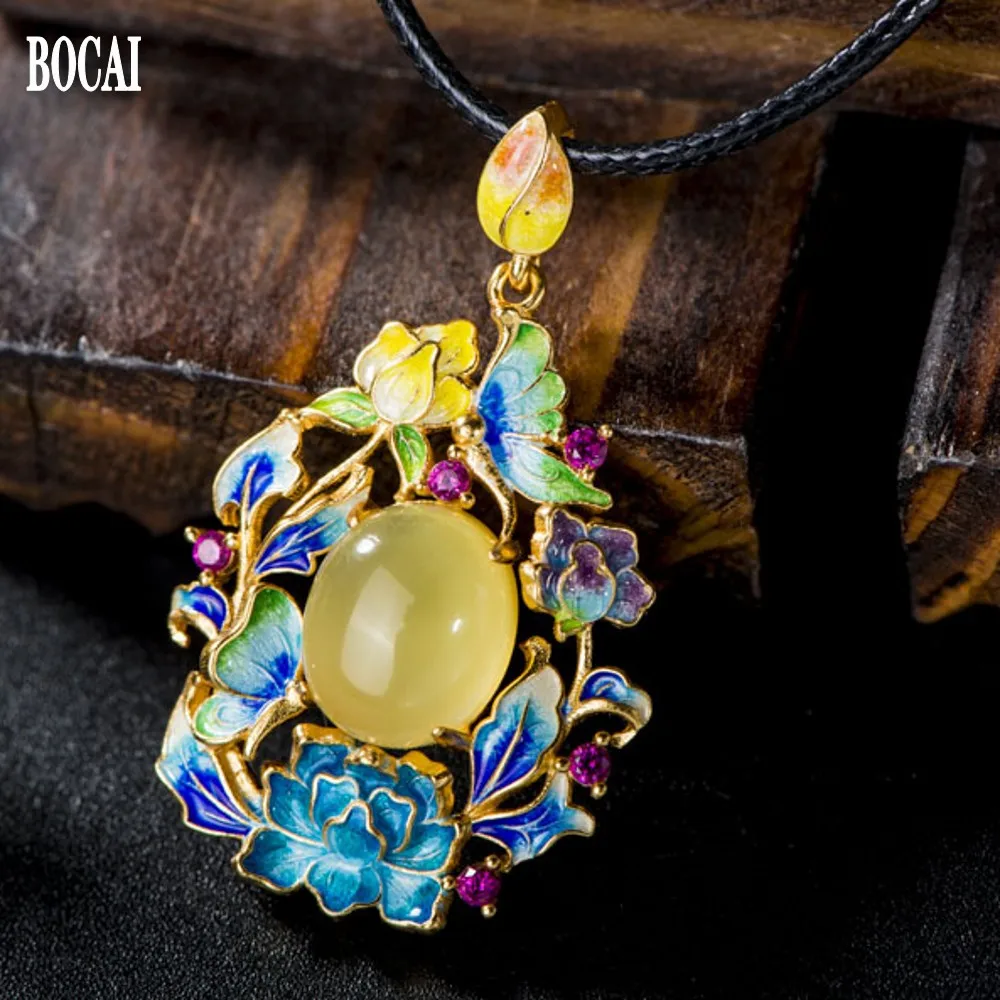 

BOCAI New yellow agate pendant for woman real S925 pure silver burnt blue cloisonne butterfly orchid female pendant